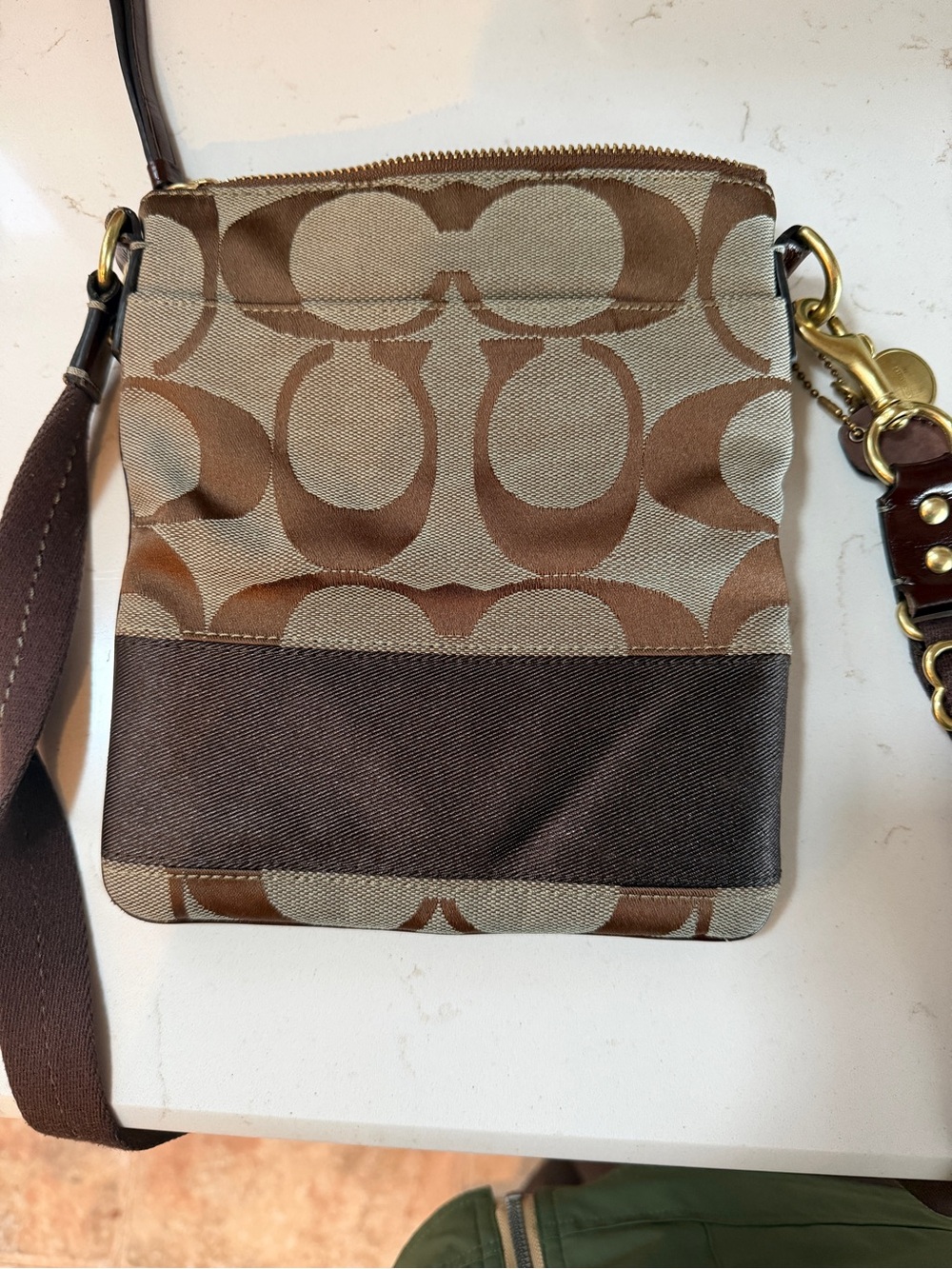Coach Tan and Brown Signature Crossbody with Gold Hardware